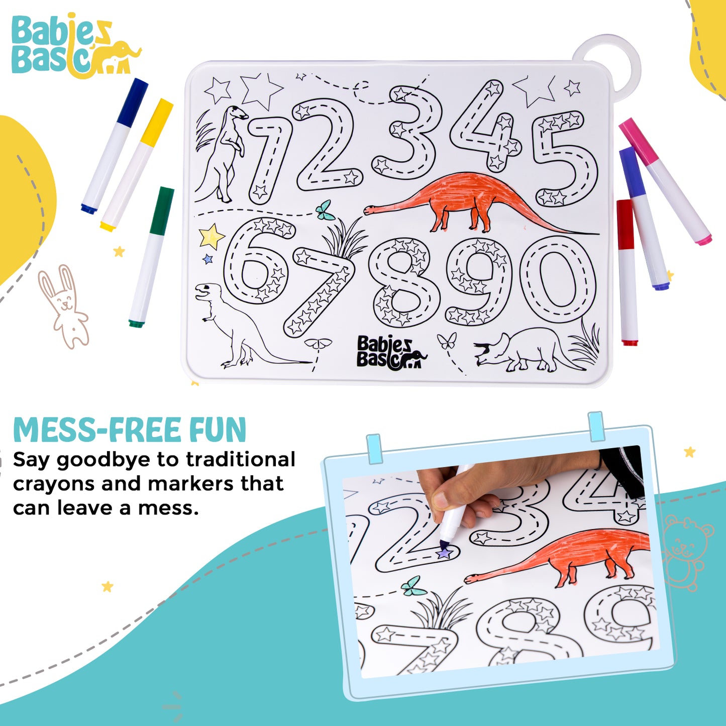 Babies Basic Reusable Silicone Colouring Mat with Pens and Travel Case - Number Design