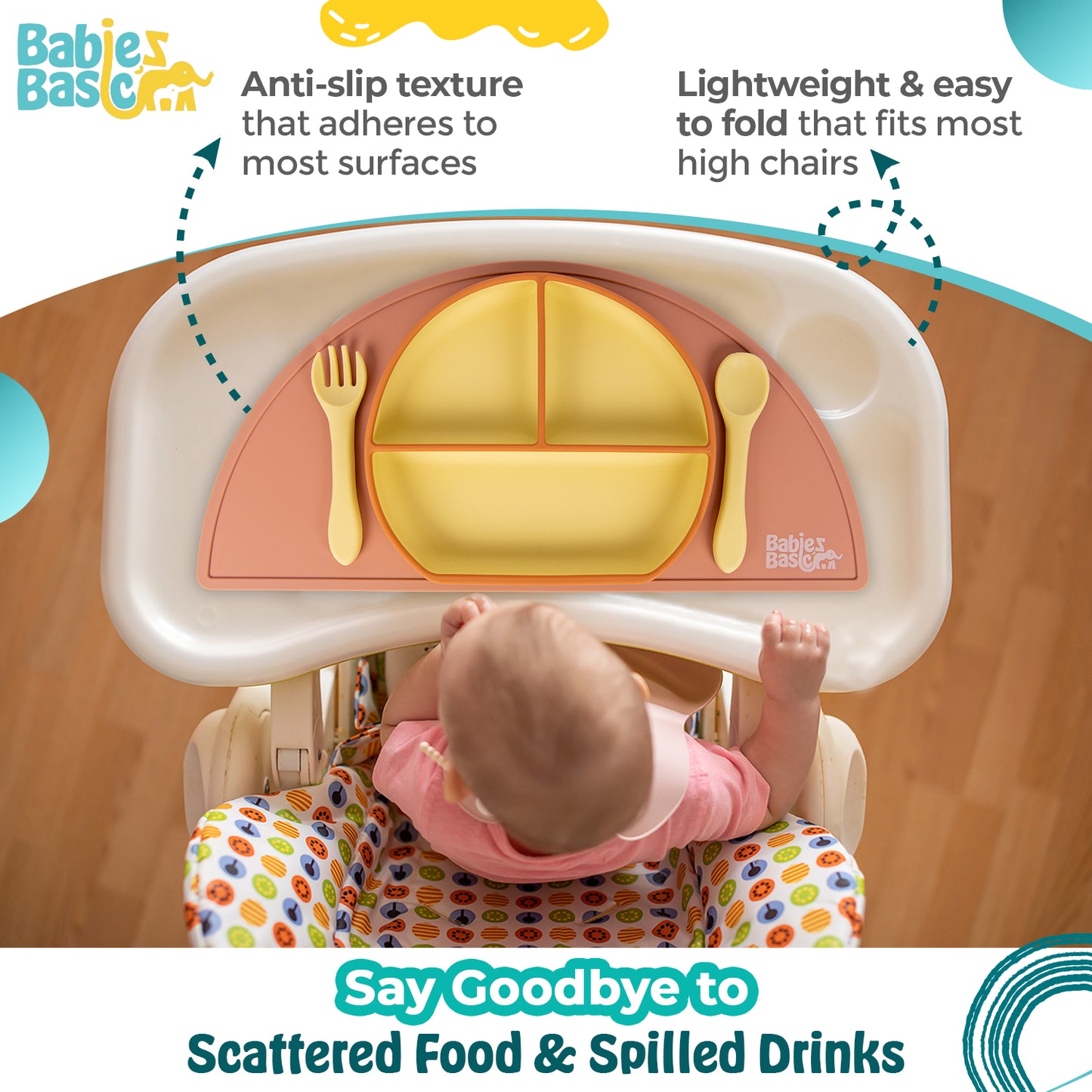 Babies Basic Silicone Placemat for Kids, BPA Free, Phthalate Free, Non-Slip Design, Easy to Clean - Brown