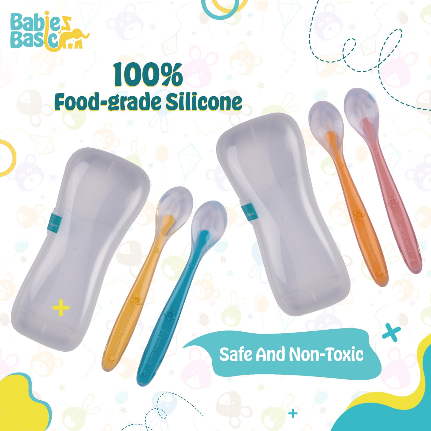 BabiesBasic Spoon Set with Travel Case, Set of 2, Suitable for 9M+ - Yellow & Blue