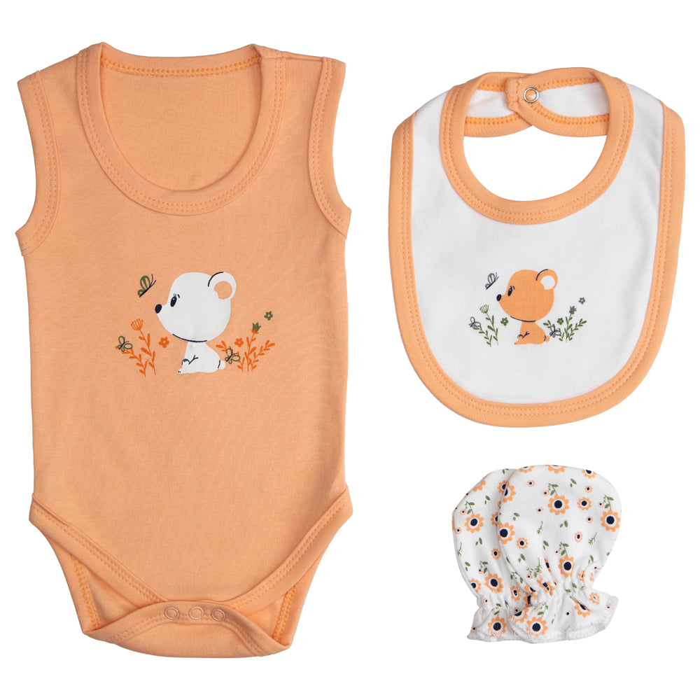 BabiesBasic 7 piece unisex 100% cotton Set include bib, socks, mitten, cap, romper, top and bottom set, 9-12 Months , Peach