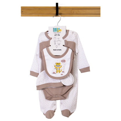 Babiesbasic 5 piece cotton Set include Bib, Romper, Mittens, cap and Sleepsuit- Stay Healthly, 9-12 Months , Grey