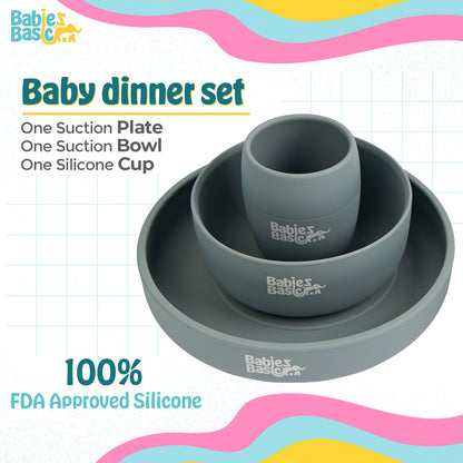 BabiesBasic 5 pc Set with silicone plate, bowl, cup and stainless steel cutlery with case - Indigo