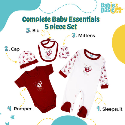 Babiesbasic 5 piece cotton Set include Bib, Romper, Mittens, cap and Sleepsuit- Hello Little One, 3-6 Months , Red