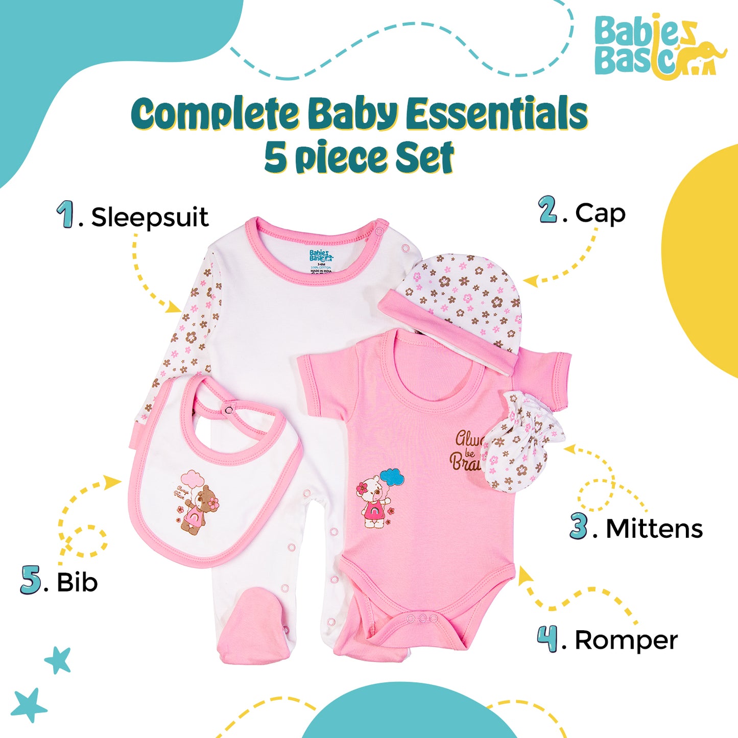 Babiesbasic 5 piece cotton Set include Bib, Romper, Mittens, cap and Sleepsuit- Always be brave, 6-9 Months , Pink