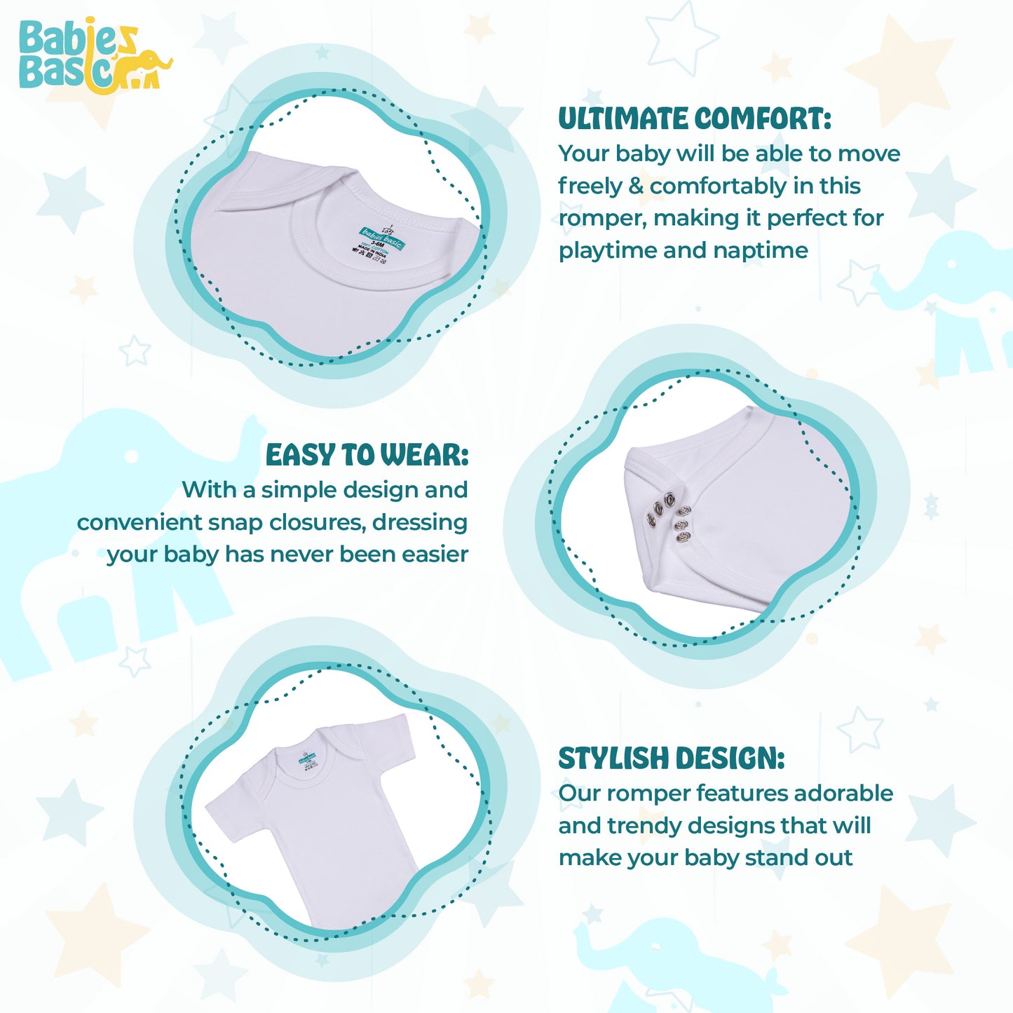 BabiesBasic 100% Super Combed Cotton, Short Sleeves Romper/Bodysuit, for New Born to 24months. Set of 3 - White, 9-12 Months