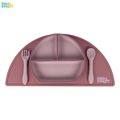 BabiesBasic Feeding Set, 3 Piece, Silicone Feeding Plate, Spoon and Fork - Pink