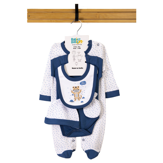 Babiesbasic 5 piece cotton Set include Bib, Romper, Mittens, cap and Sleepsuit- Stay Healthly, 9-12 Months , Blue