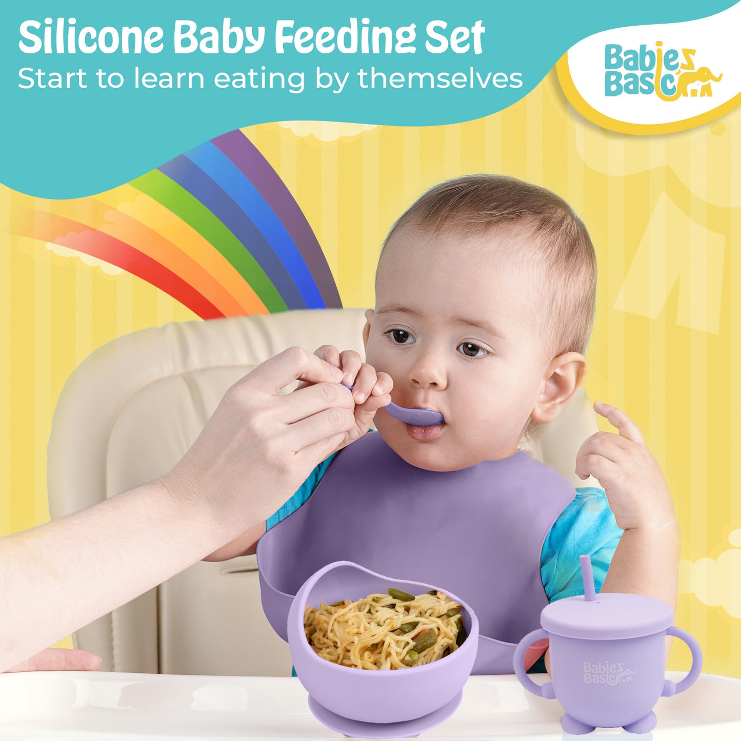 BabiesBasic Feeding Set, 6 Piece, Silicone Plate, Bowl, Bib, Spoon , Fork and  2 in 1 Cup - Purple