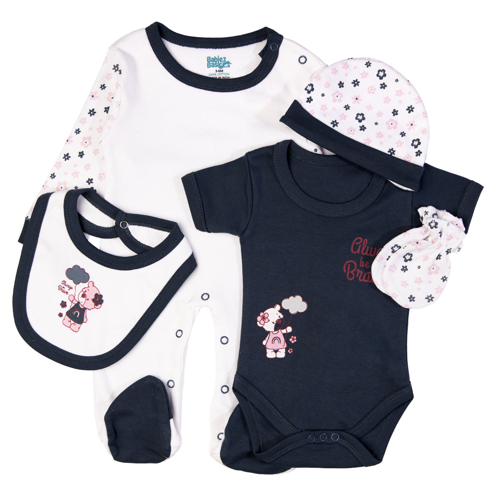 Babiesbasic 5 piece cotton Set include Bib, Romper, Mittens, cap and Sleepsuit- Always be brave, 6-9 Months , Blue