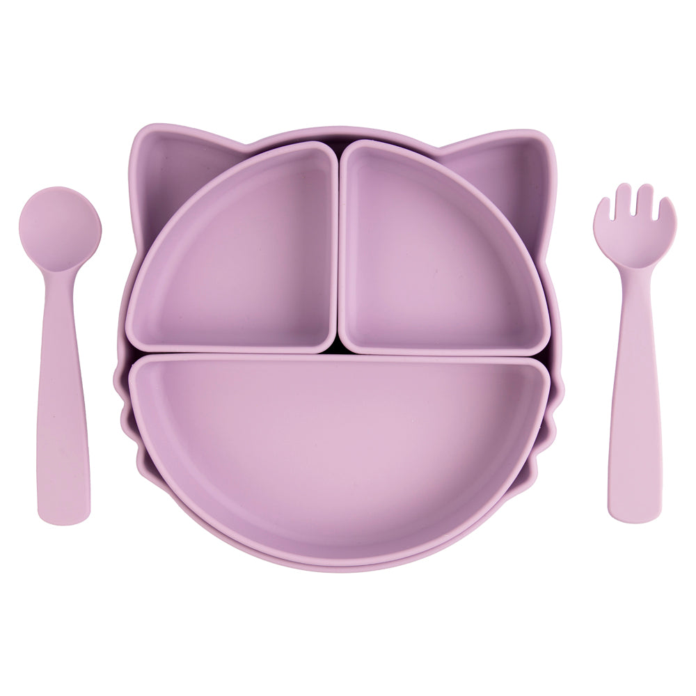 BabiesBasic Feeding Set with removable sections , 3 Piece Cat Set with Silicone Plate, Spoon and Fork - Purple