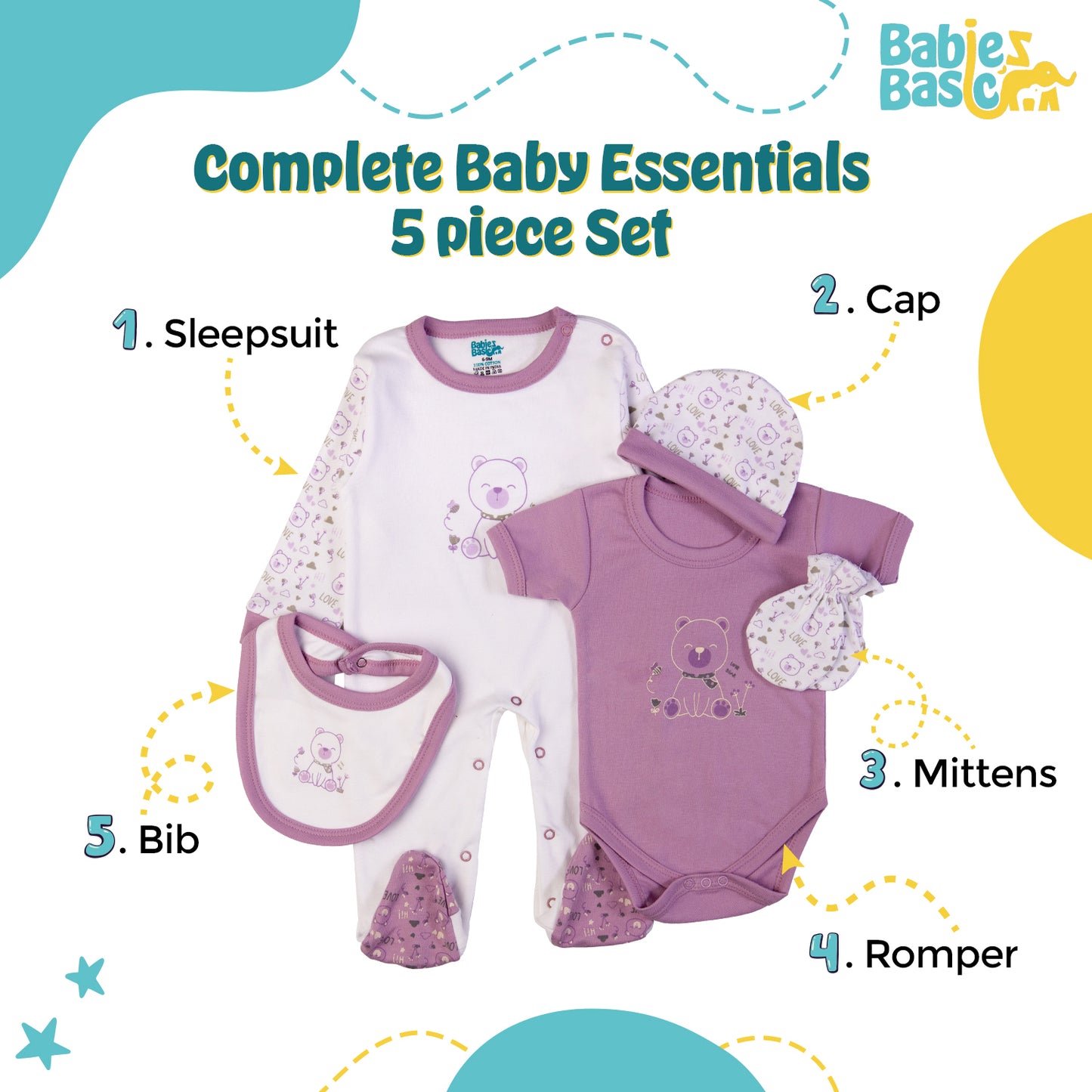 Babiesbasic 5 piece cotton Set include Bib, Romper, Mittens, cap and Sleepsuit- Teddy, 6-9 Months , Dark Mouve