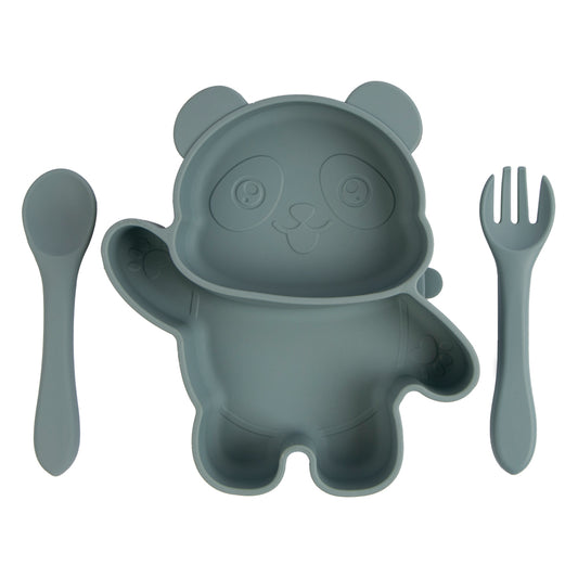 BabiesBasic Feeding Set, 3 Piece, Silicone Feeding Panda Set with Silicone Suction Plate, Spoon and Fork - Indigo