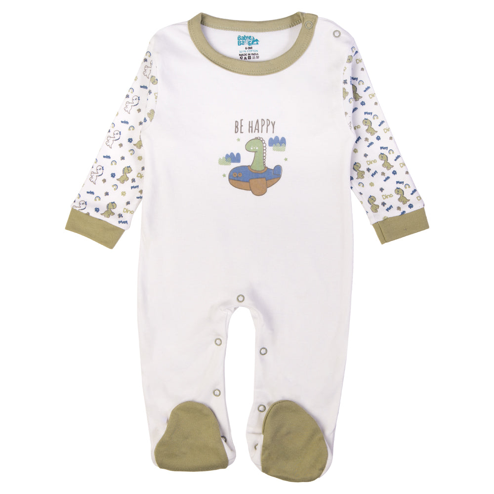 Babiesbasic 5 piece cotton Set include Bib, Romper, Mittens, cap and Sleepsuit- Be Happy, 6-9 Months , Green