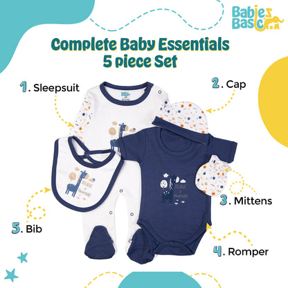 Babiesbasic 5 piece cotton Set include Bib, Romper, Mittens, cap and Sleepsuit- Believe in Yourself, 9-12 Months , Blue