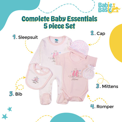 Babiesbasic 5 piece cotton Set include Bib, Romper, Mittens, cap and Sleepsuit- Hello Autumn, 6-9 Months , Pink