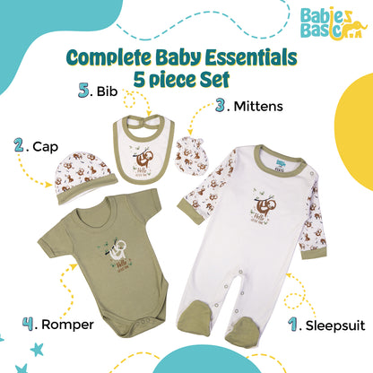 Babiesbasic 5 piece cotton Set include Bib, Romper, Mittens, cap and Sleepsuit- Hello Little One, 9-12 Months , Green