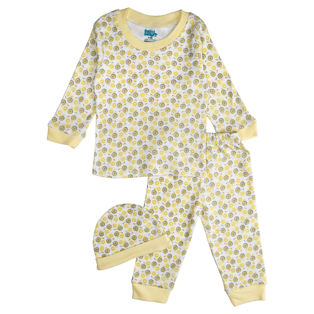 BabiesBasic 7 piece cotton Set include bib, blanket, mitten, cap, romper, top and bottom set, 9-12 Months , Yellow