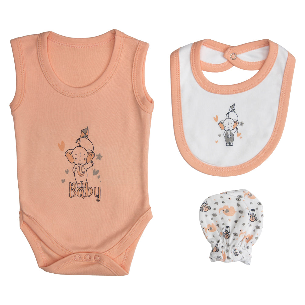 BabiesBasic 7 piece unisex 100% cotton Set include bib, socks, mitten, cap, romper, top and bottom set, 3-6 Months , Peach