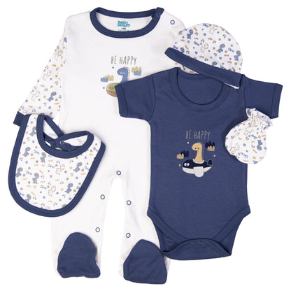 Babiesbasic 5 piece cotton Set include Bib, Romper, Mittens, cap and Sleepsuit- Be Happy, 3-6 Months , Blue