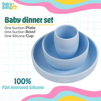 BabiesBasic 5 pc Set with silicone plate, bowl, cup and stainless steel cutlery with case - Blue