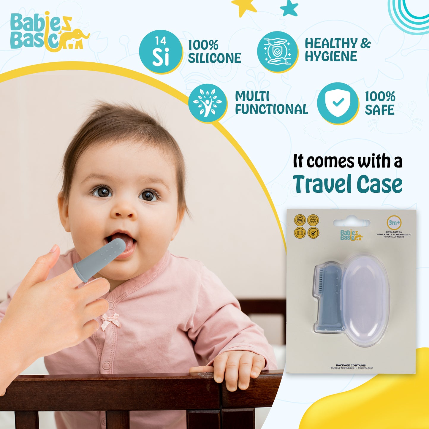 BabiesBasic Toothbrush with Travel Case for Babies - Blue Silicone Toothbrush