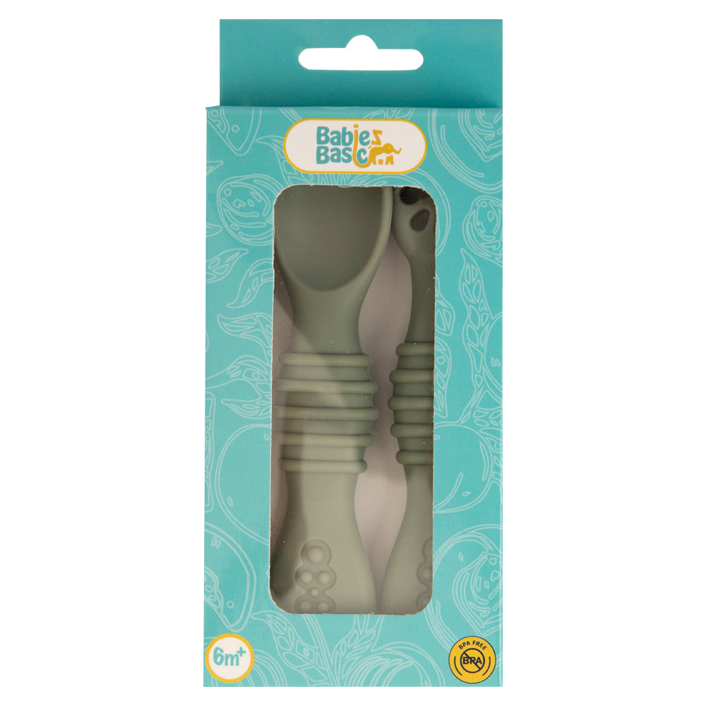 BabiesBasic Soft Tip BPA Free Silicone First Stage Training Spoon with Masher- Bottle Green