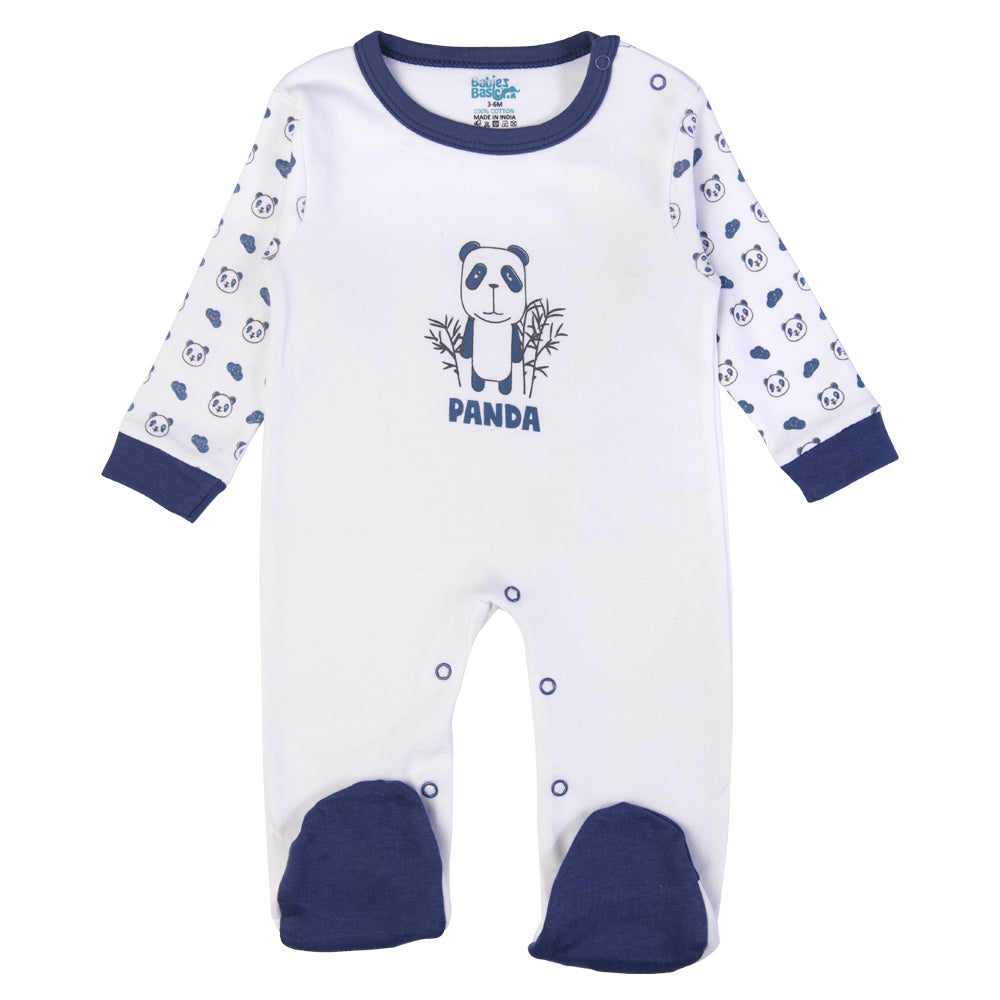 Babiesbasic 5 piece cotton Set include Bib, Romper, Mittens, cap and Sleepsuit- Sleepy Panda, 6-9 Months , Blue