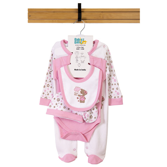 Babiesbasic 5 piece cotton Set include Bib, Romper, Mittens, cap and Sleepsuit- Always be brave, 9-12 Months , Pink