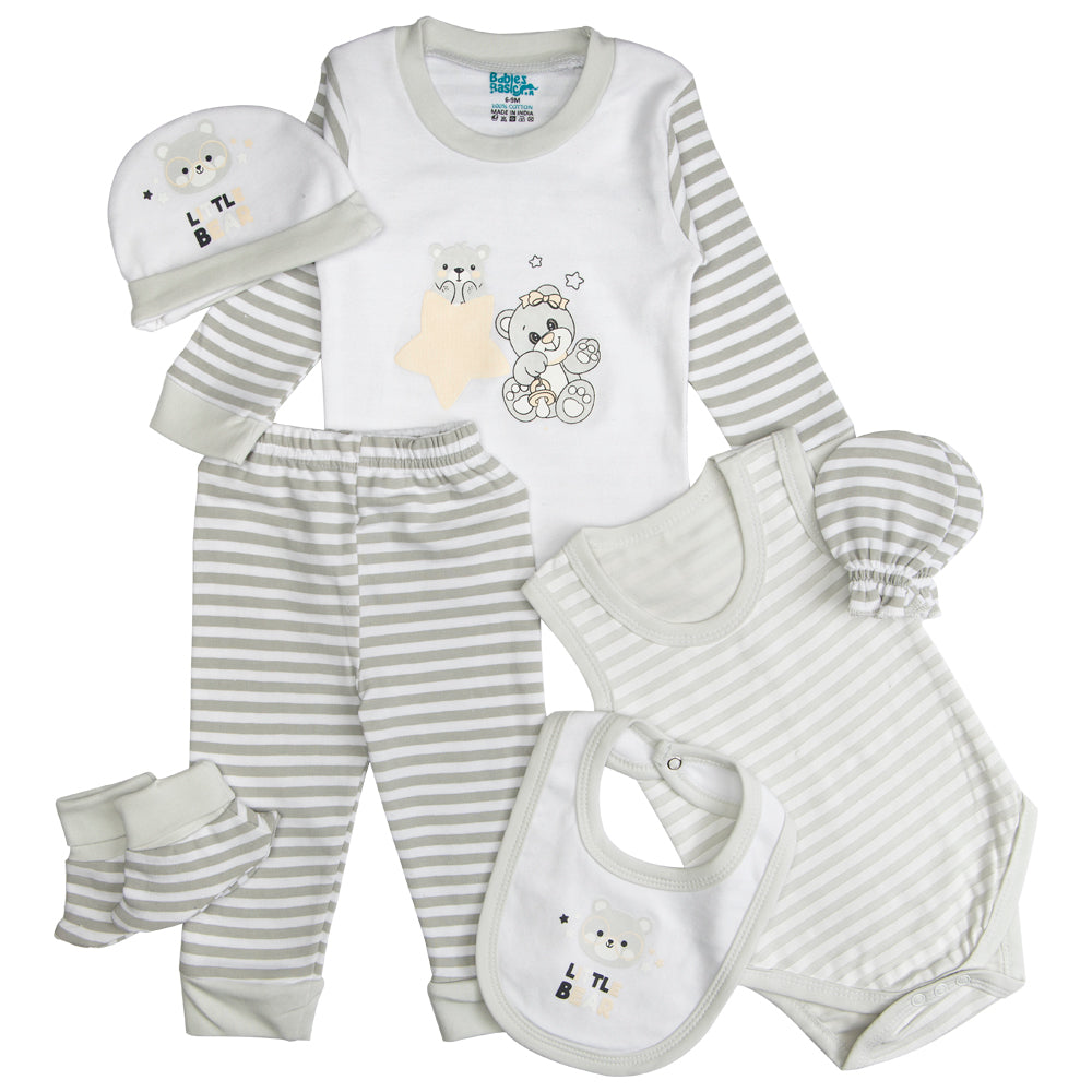 BabiesBasic 7 piece unisex 100% cotton Set include bib, socks, mitten, cap, romper, top and bottom set, 6-9 Months , Grey