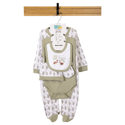 Babiesbasic 5 piece cotton Set include Bib, Romper, Mittens, cap and Sleepsuit- I can Fly, 3-6 Months , Green