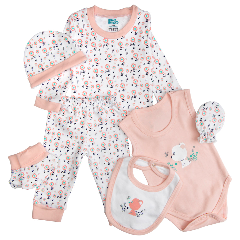 BabiesBasic 7 piece unisex 100% cotton Set include bib, socks, mitten, cap, romper, top and bottom set, 6-9 Months , Pink