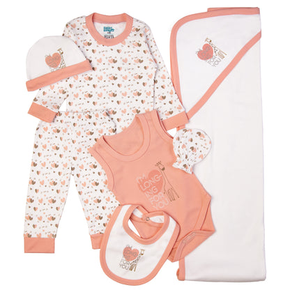 BabiesBasic 7 piece unisex 100% cotton Gift Set include bib, blanket, mitten, cap, romper, top and bottom set, 6-9 Months , Pink