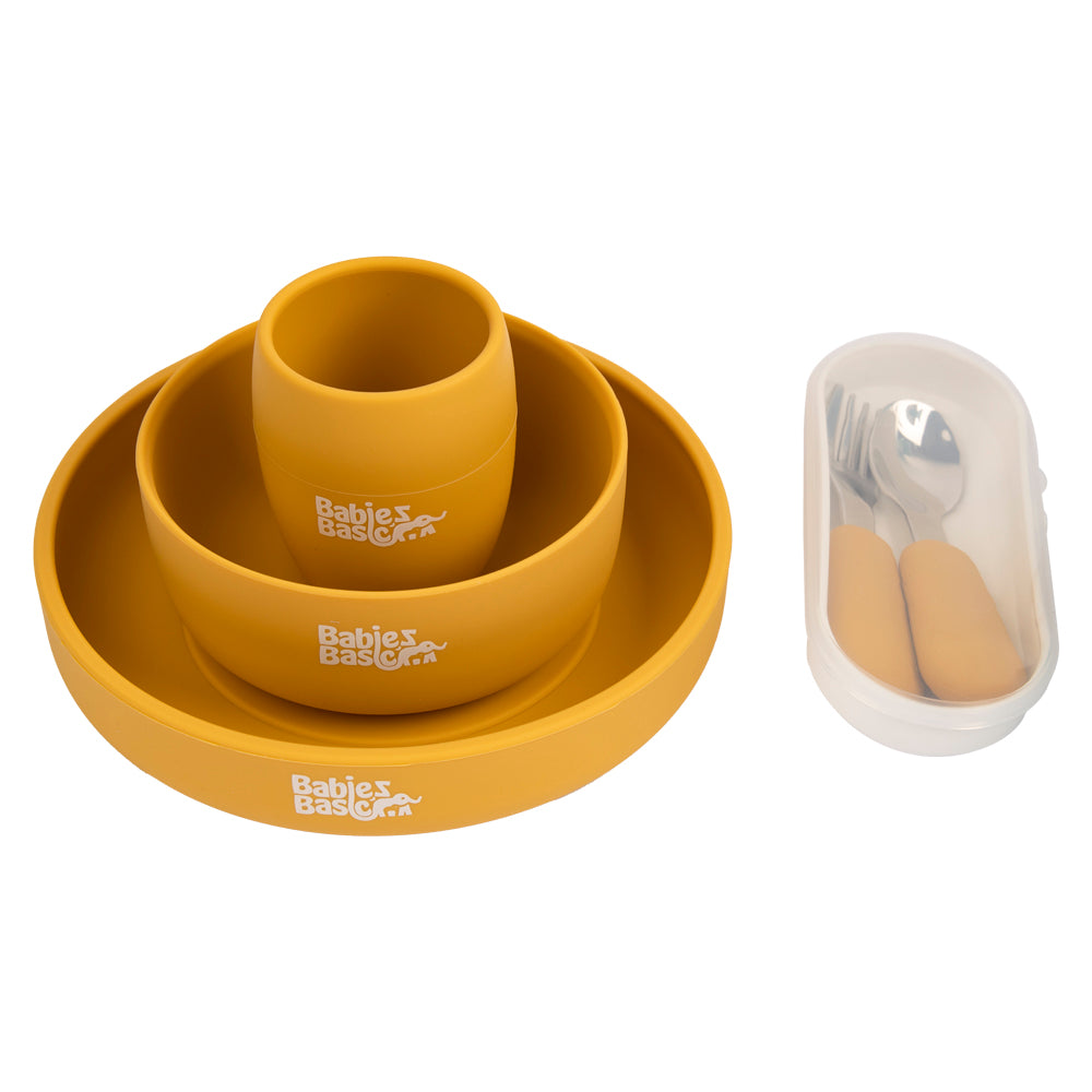 BabiesBasic 5 pc Set with silicone plate, bowl, cup and stainless steel cutlery with case - Yellow