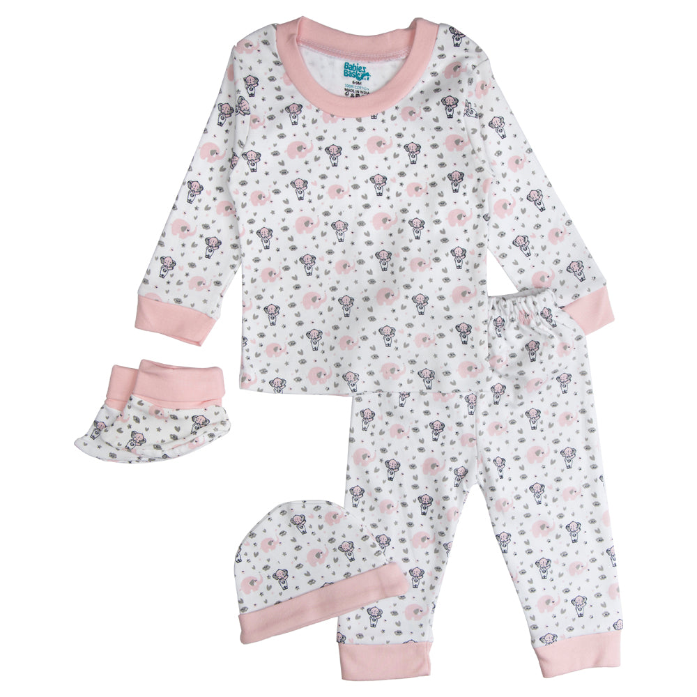 BabiesBasic 7 piece unisex 100% cotton Set include bib, socks, mitten, cap, romper, top and bottom set, 3-6 Months , Pink