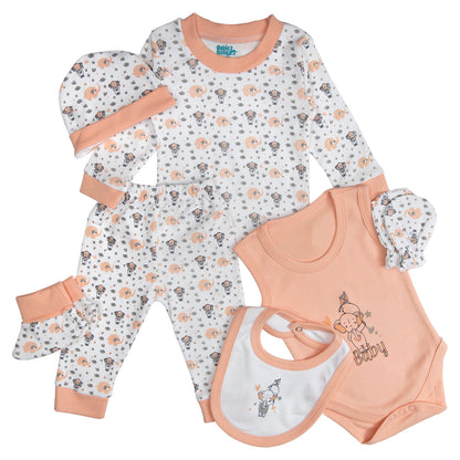 BabiesBasic 7 piece unisex 100% cotton Set include bib, socks, mitten, cap, romper, top and bottom set, 6-9 Months , Peach