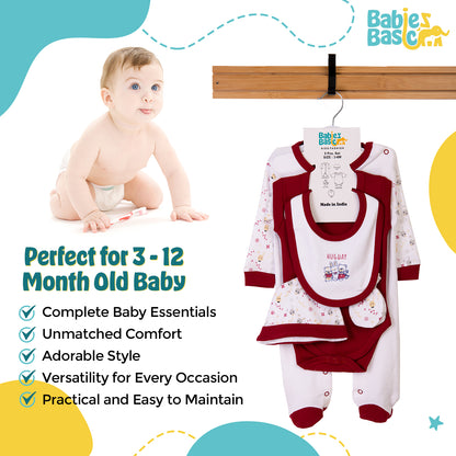 Babiesbasic 5 piece cotton Set include Bib, Romper, Mittens, cap and Sleepsuit- Hug Day, 3-6 Months , Red