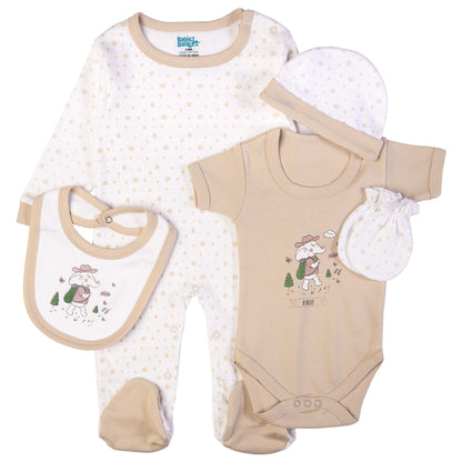 Babiesbasic 5 piece cotton Set include Bib, Romper, Mittens, cap and Sleepsuit- Be Brave, 9-12 Months , Beige