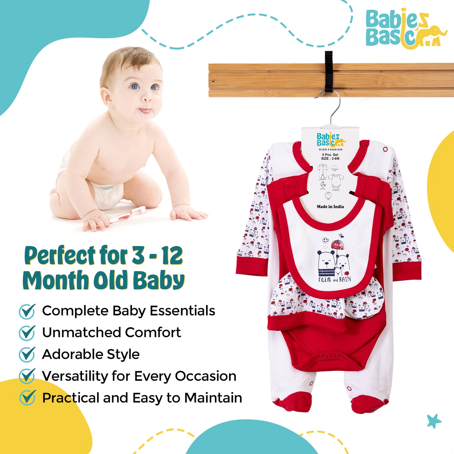 Babiesbasic 5 piece unisex 100% cotton Gift Set include Bib, Romper, Mittens, cap and Sleepsuit/Jumpsuit- Rain, 3-6 Months , Red