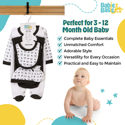 Babiesbasic 5 piece cotton Set include Bib, Romper, Mittens, cap and Sleepsuit- Sleepy Panda, 9-12 Months , Green