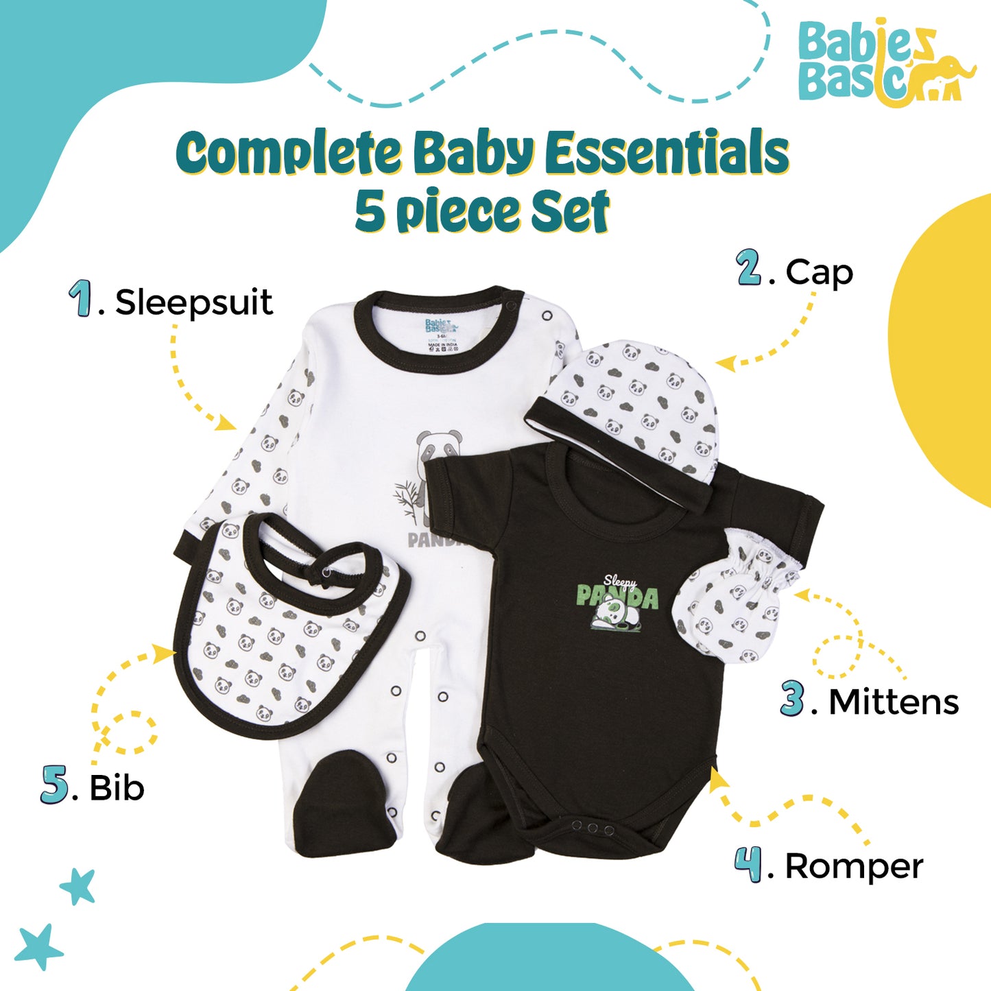 Babiesbasic 5 piece cotton Set include Bib, Romper, Mittens, cap and Sleepsuit- Sleepy Panda, 9-12 Months , Green