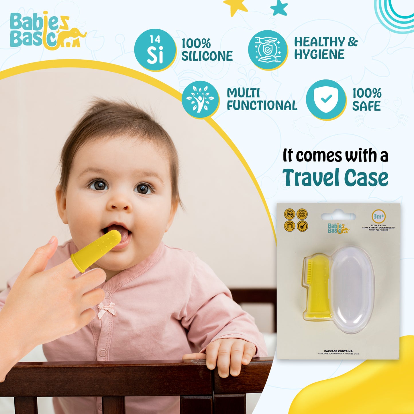 BabiesBasic Toothbrush with Travel Case for Babies - Yellow Silicone Toothbrush