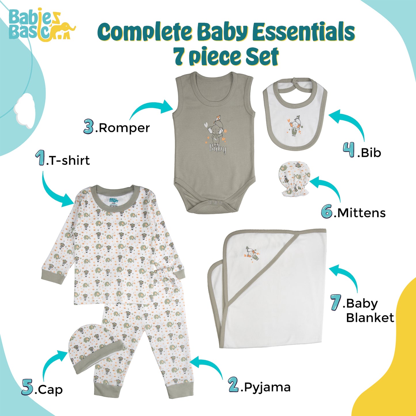 BabiesBasic 7 piece unisex 100% cotton Gift Set include bib, blanket, mitten, cap, romper, top and bottom set, 6-9 Months , Grey