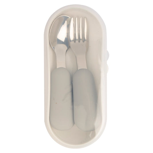 Babies Basic Stainless Steel Cutlery Set with Spoon and Fork with travel case - Grey