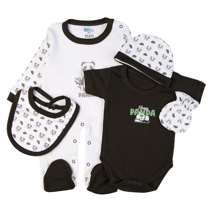 Babiesbasic 5 piece cotton Set include Bib, Romper, Mittens, cap and Sleepsuit- Sleepy Panda, 9-12 Months , Green