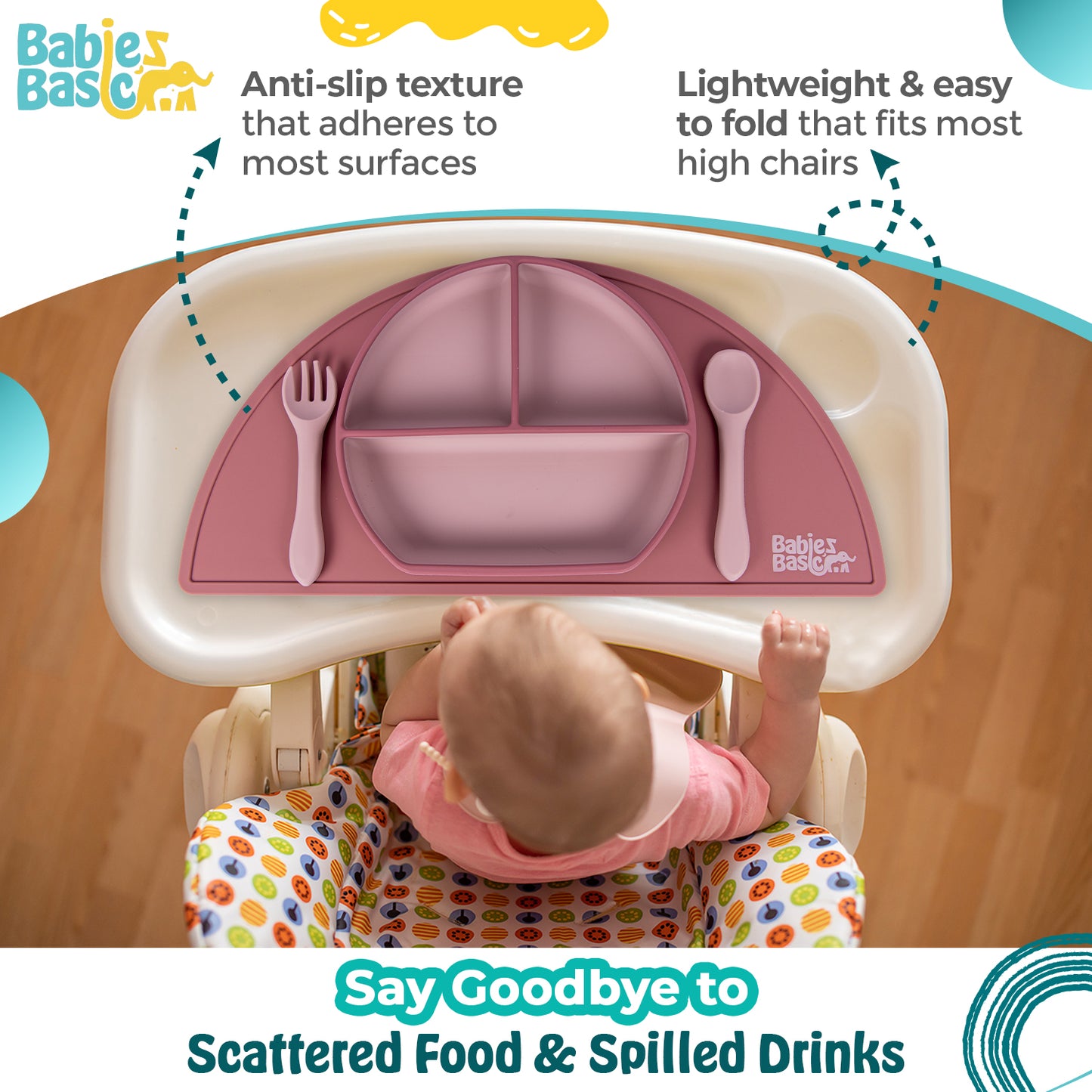 Babies Basic Silicone Placemat for Kids, BPA Free, Phthalate Free, Non-Slip Design, Easy to Clean - Pink