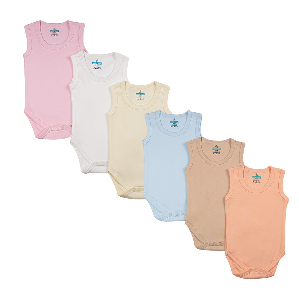 BabiesBasic 100% Super Combed Cotton, SleeveLess Romper/Bodysuit, Set of 6 - Multicolor, 0-3 Months