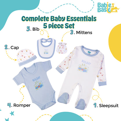 Babiesbasic 5 piece cotton Set include Bib, Romper, Mittens, cap and Sleepsuit- Hug Day, 6-9 Months , Blue