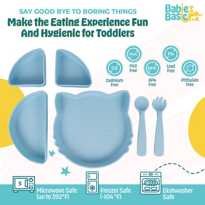 BabiesBasic Feeding Set with removable sections , 3 Piece Cat Set with Silicone Plate, Spoon and Fork - Blue