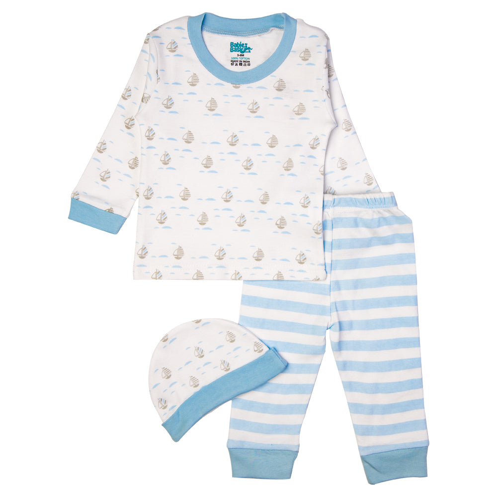 BabiesBasic 7 piece unisex 100% cotton Gift Set include bib, blanket, mitten, cap, romper, top and bottom set, 3-6 Months , Blue