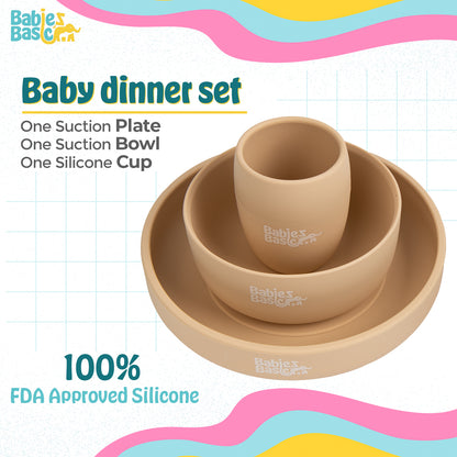 BabiesBasic 5 pc Set with silicone plate, bowl, cup and stainless steel cutlery with case - Beige